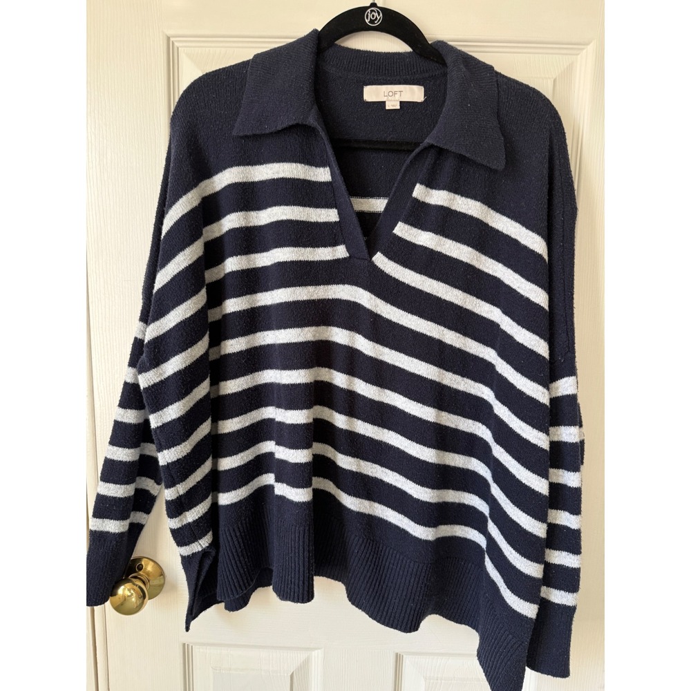 LOFT Womens Navy Blue White Striped‎ Polo V-Neck Relaxed Fit Sweater Large